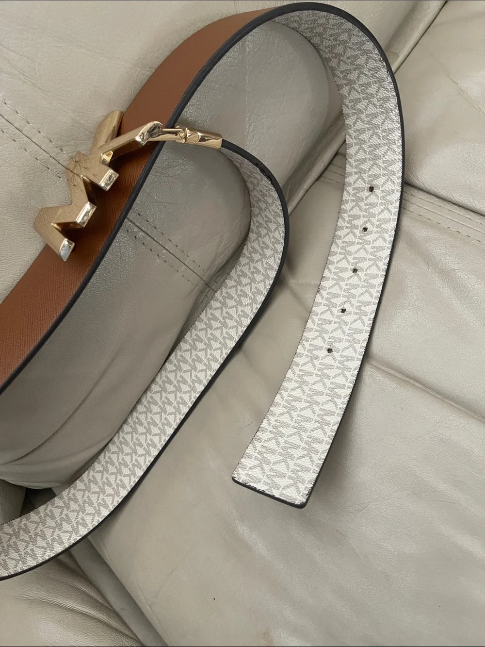 Michael Kors Reversible Belt Brown and White with Gold MK Buckle Size 38-42